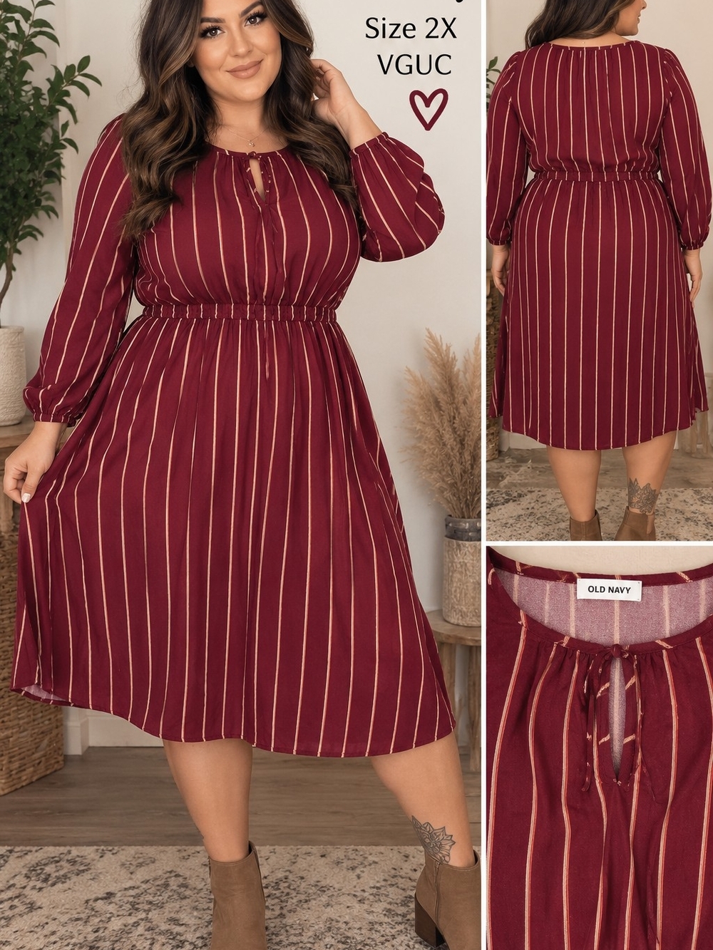 Old Navy Burgundy with Cream Pinstripe Midi Dress